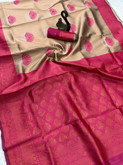 Scintilla Beige and Dark Pink Soft Silk Saree With Improbable Blouse Piece