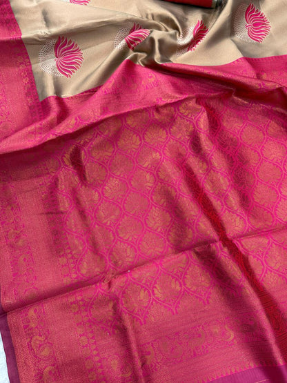 Scintilla Beige and Dark Pink Soft Silk Saree With Improbable Blouse Piece