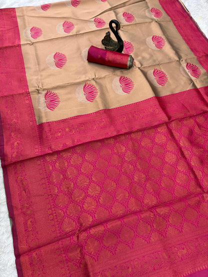 Scintilla Beige and Dark Pink Soft Silk Saree With Improbable Blouse Piece