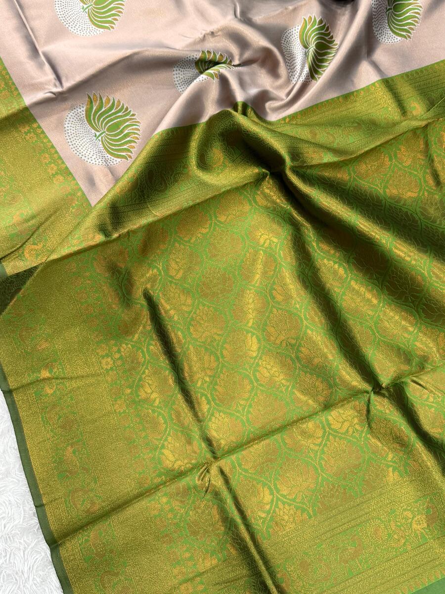 Demanding Beige and Green Soft Silk Saree With Jubilant Blouse Piece