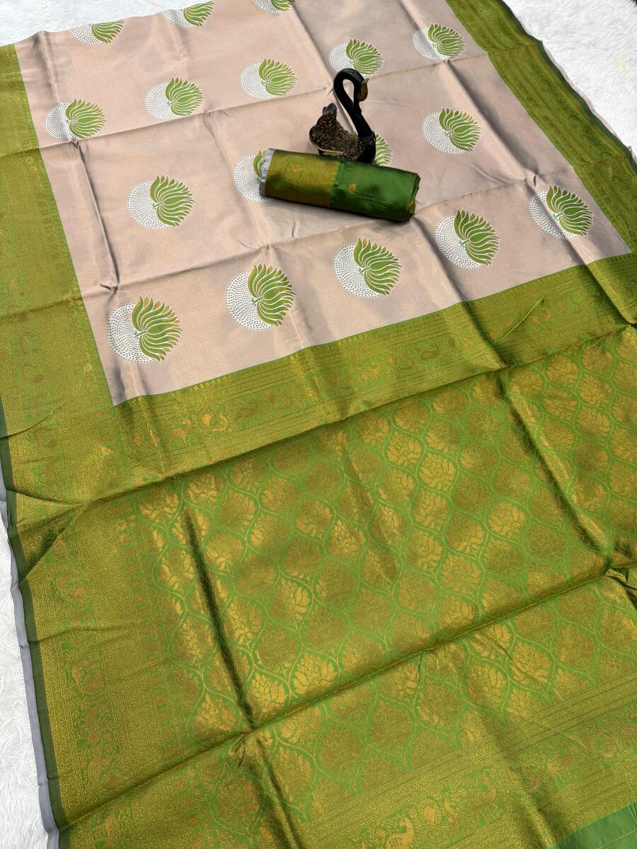 Demanding Beige and Green Soft Silk Saree With Jubilant Blouse Piece