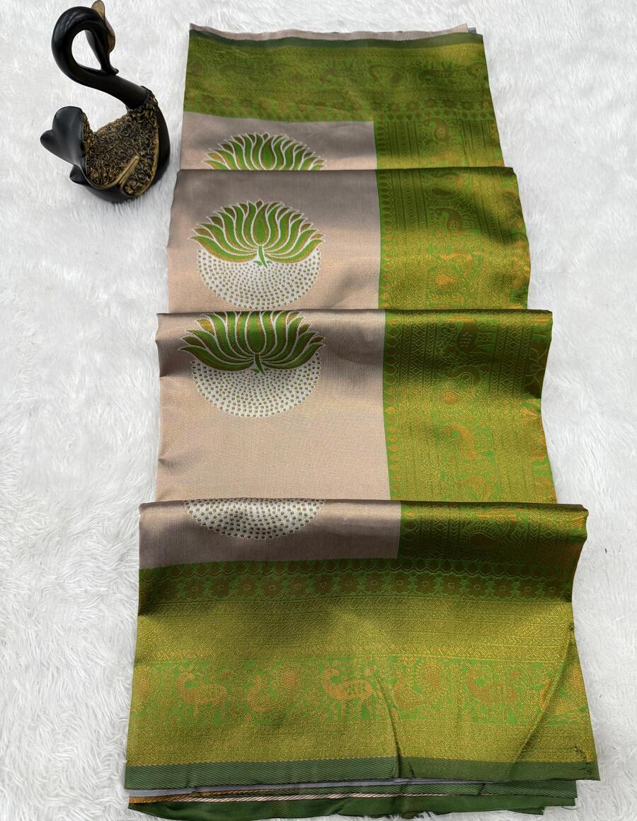 Demanding Beige and Green Soft Silk Saree With Jubilant Blouse Piece