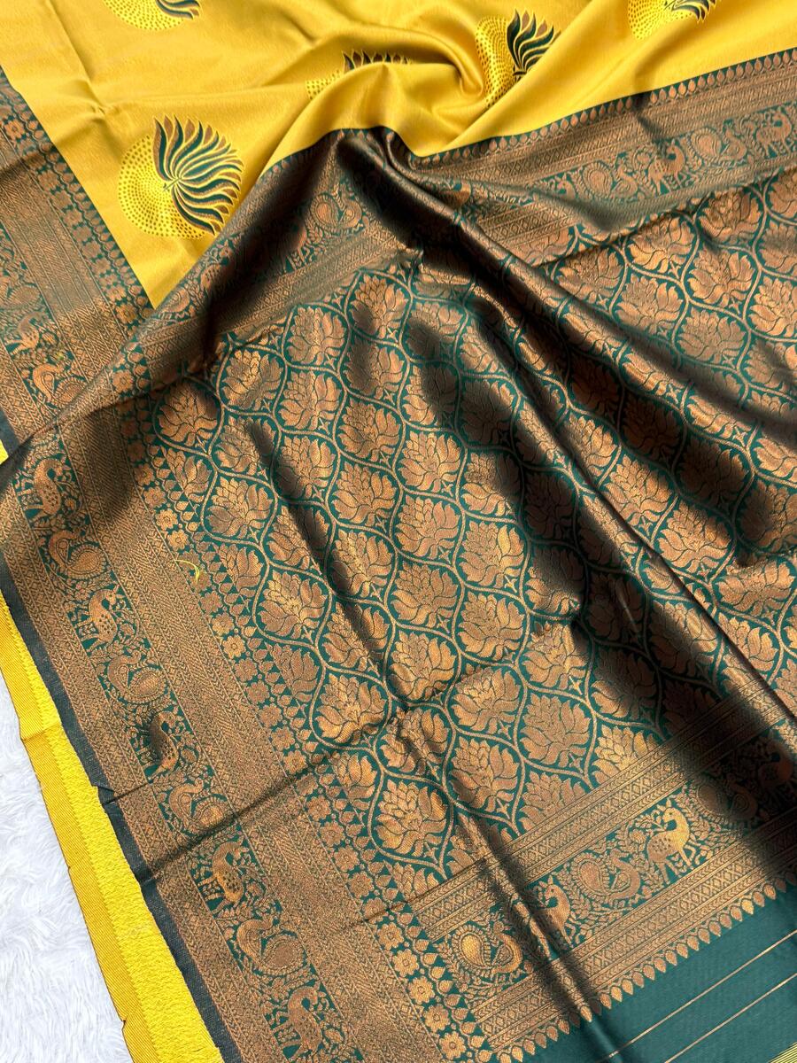 Susurrous Yellow and Green Soft Silk Saree With Vestigial Blouse Piece