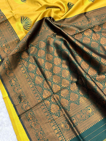 Susurrous Yellow and Green Soft Silk Saree With Vestigial Blouse Piece