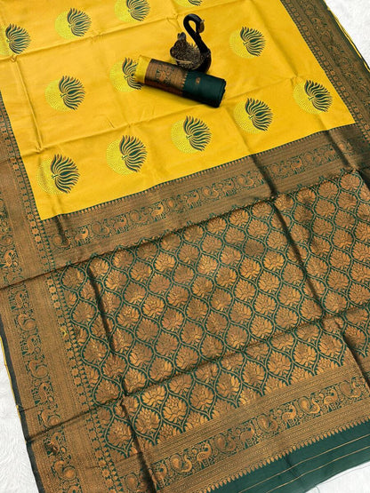 Susurrous Yellow and Green Soft Silk Saree With Vestigial Blouse Piece