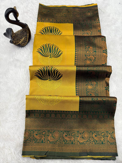 Susurrous Yellow and Green Soft Silk Saree With Vestigial Blouse Piece