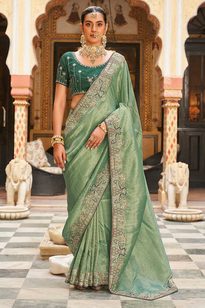 Fugacious Green Pure Tissue Silk Hand Embroidery Work Saree With Designer Blouse Piece