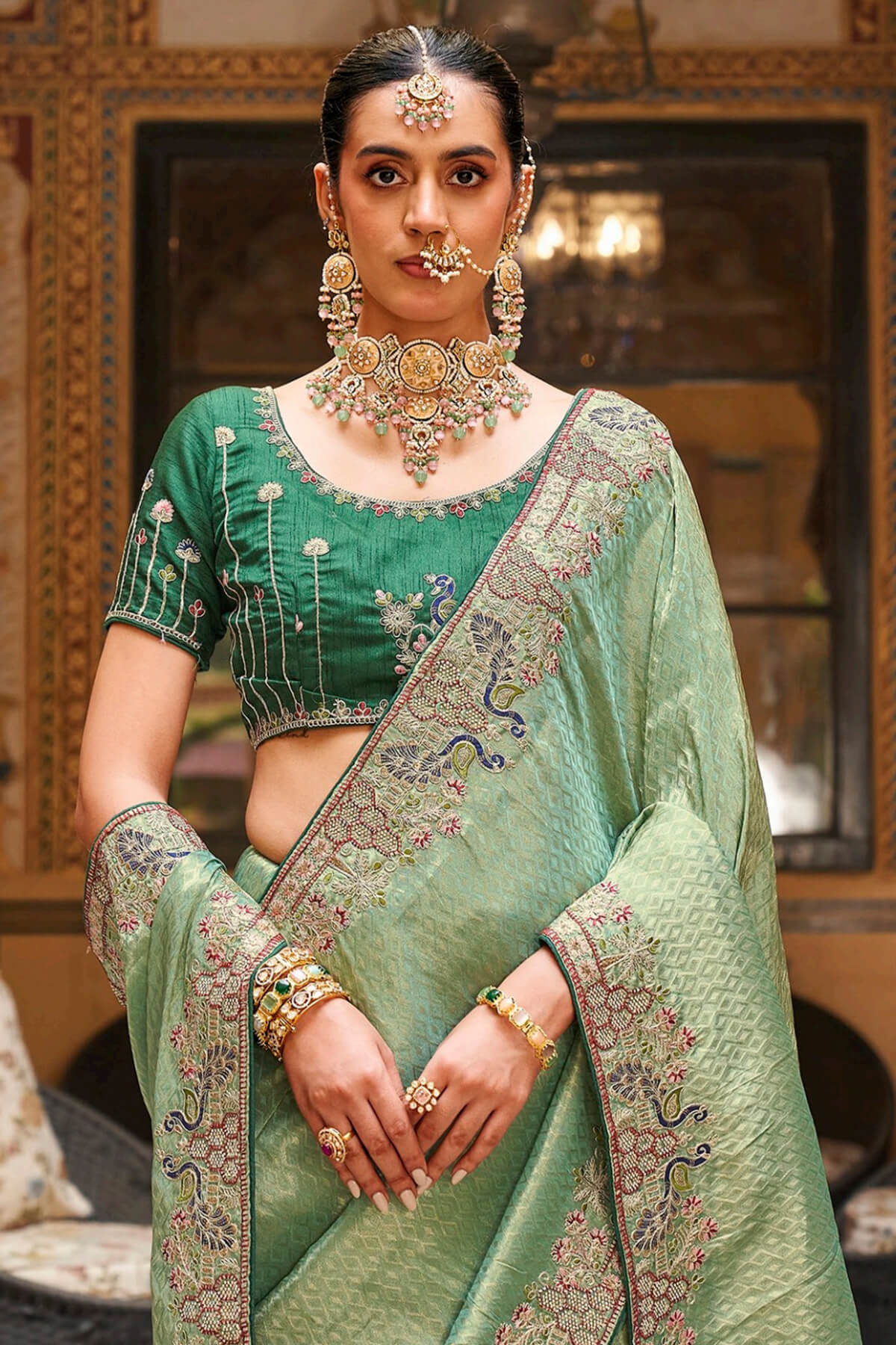 Fugacious Green Pure Tissue Silk Hand Embroidery Work Saree With Designer Blouse Piece