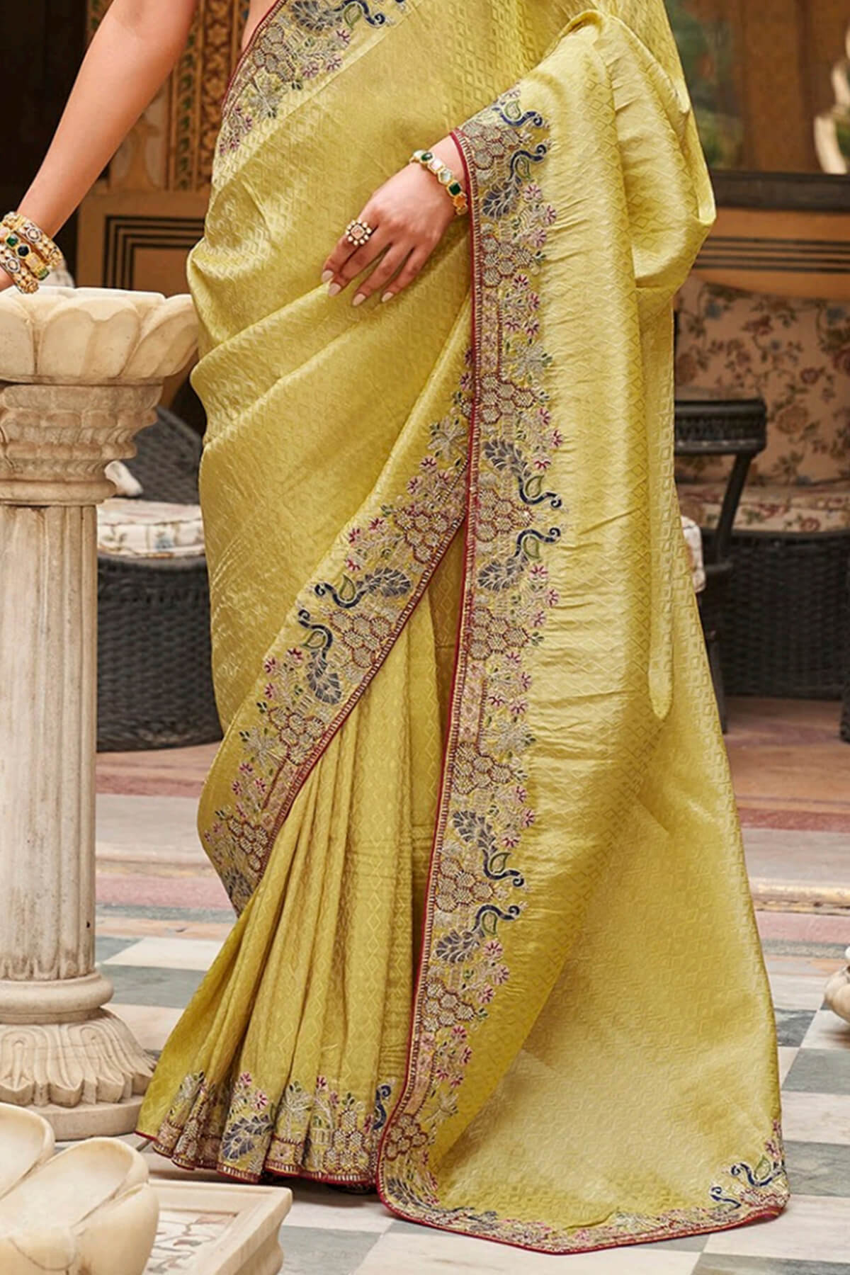 Vestigial Yellow Pure Tissue Silk Hand Embroidery Work Saree With Designer Blouse Piece
