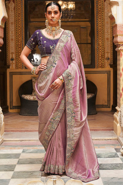 Sensational Pink Pure Tissue Silk Hand Embroidery Work Saree With Designer Blouse Piece