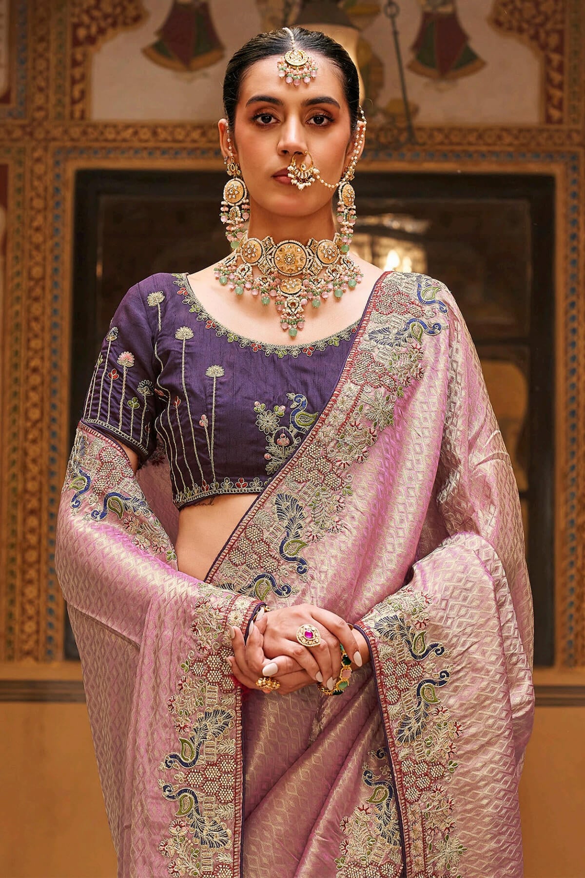 Sensational Pink Pure Tissue Silk Hand Embroidery Work Saree With Designer Blouse Piece