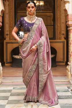Sensational Pink Pure Tissue Silk Hand Embroidery Work Saree With Designer Blouse Piece