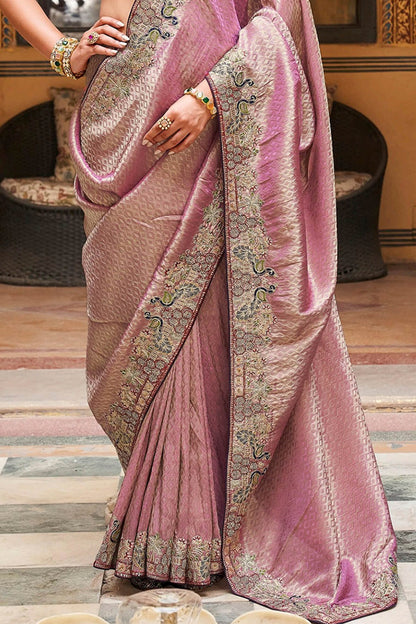 Sensational Pink Pure Tissue Silk Hand Embroidery Work Saree With Designer Blouse Piece