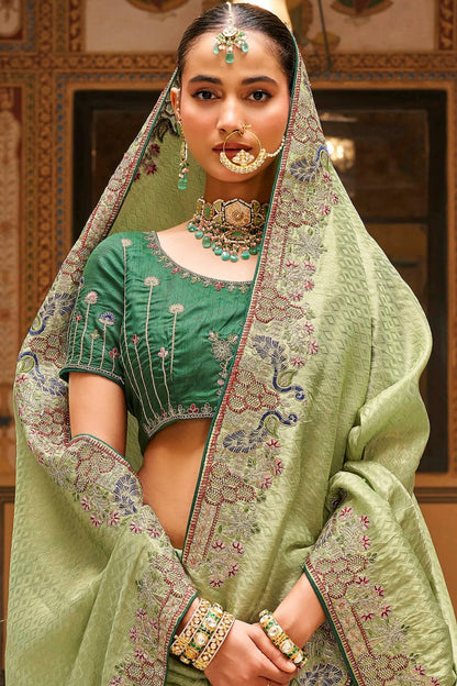 Adorning Pista Pure Tissue Silk Hand Embroidery Work Saree With Designer Blouse Piece