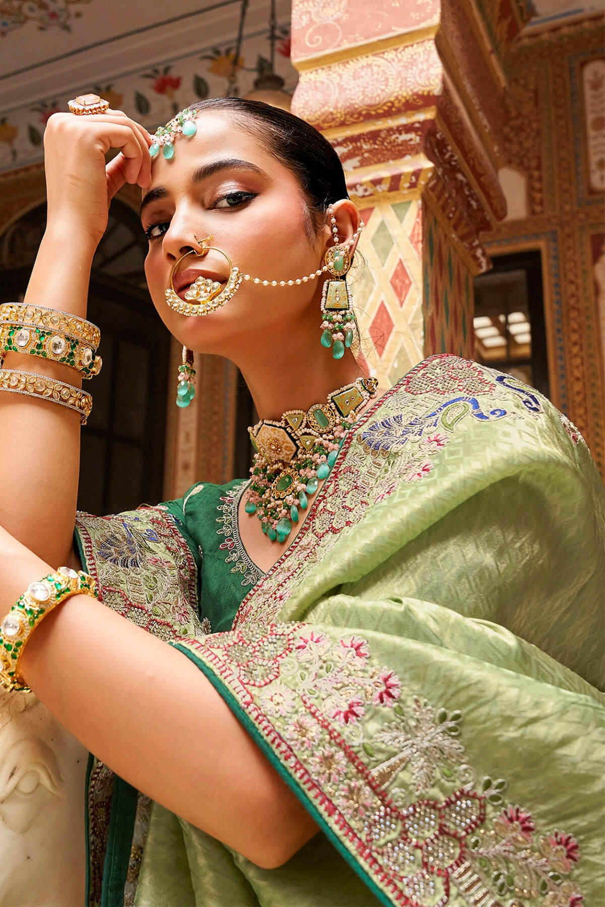 Adorning Pista Pure Tissue Silk Hand Embroidery Work Saree With Designer Blouse Piece