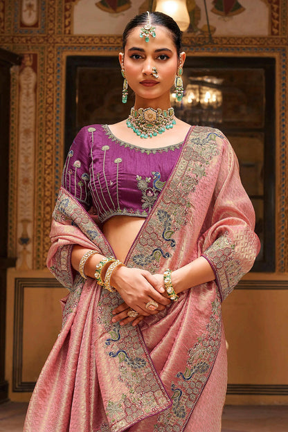 Mellifluous Peach Pure Tissue Silk Hand Embroidery Work Saree With Designer Blouse Piece