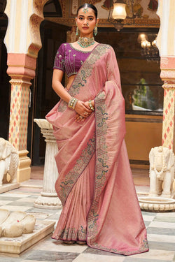 Mellifluous Peach Pure Tissue Silk Hand Embroidery Work Saree With Designer Blouse Piece