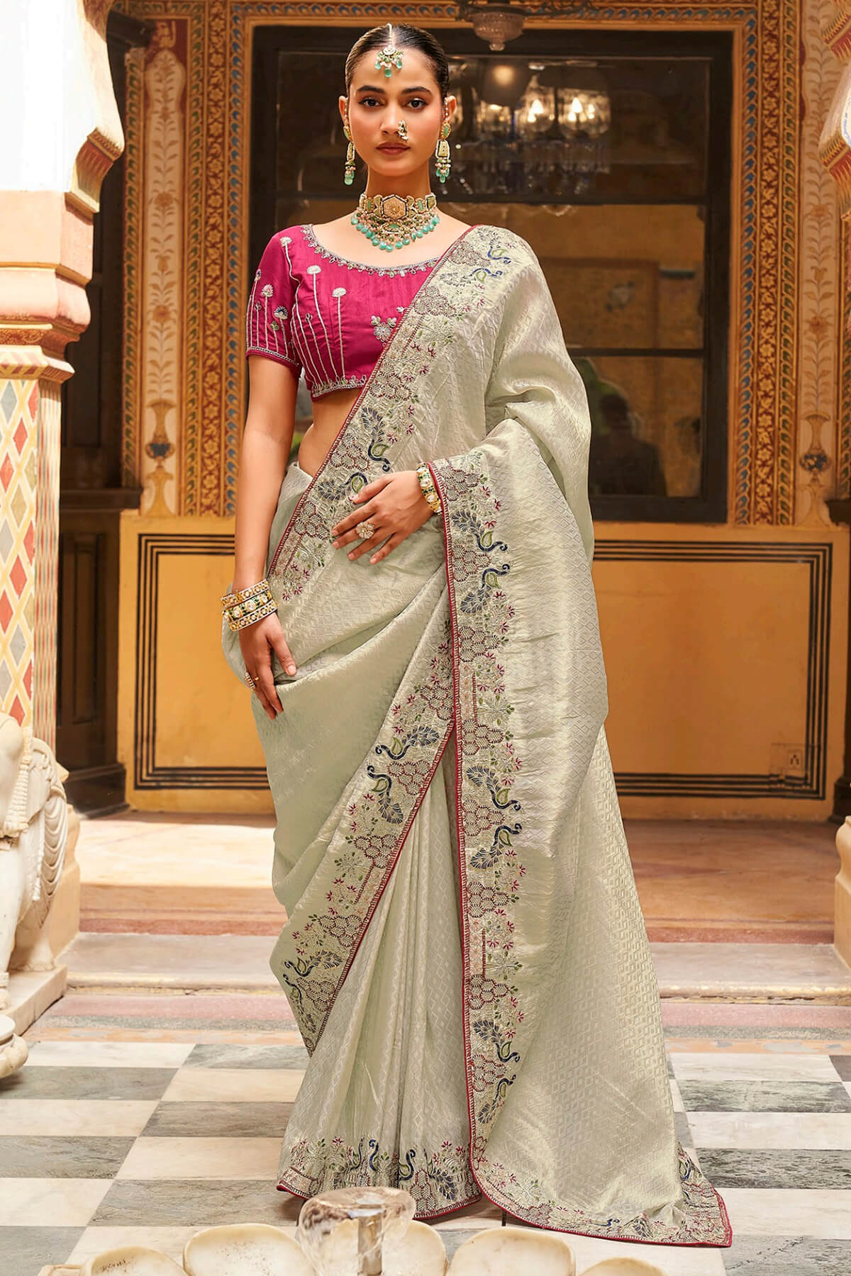 Hypnotic Grey Pure Tissue Silk Hand Embroidery Work Saree With Designer Blouse Piece