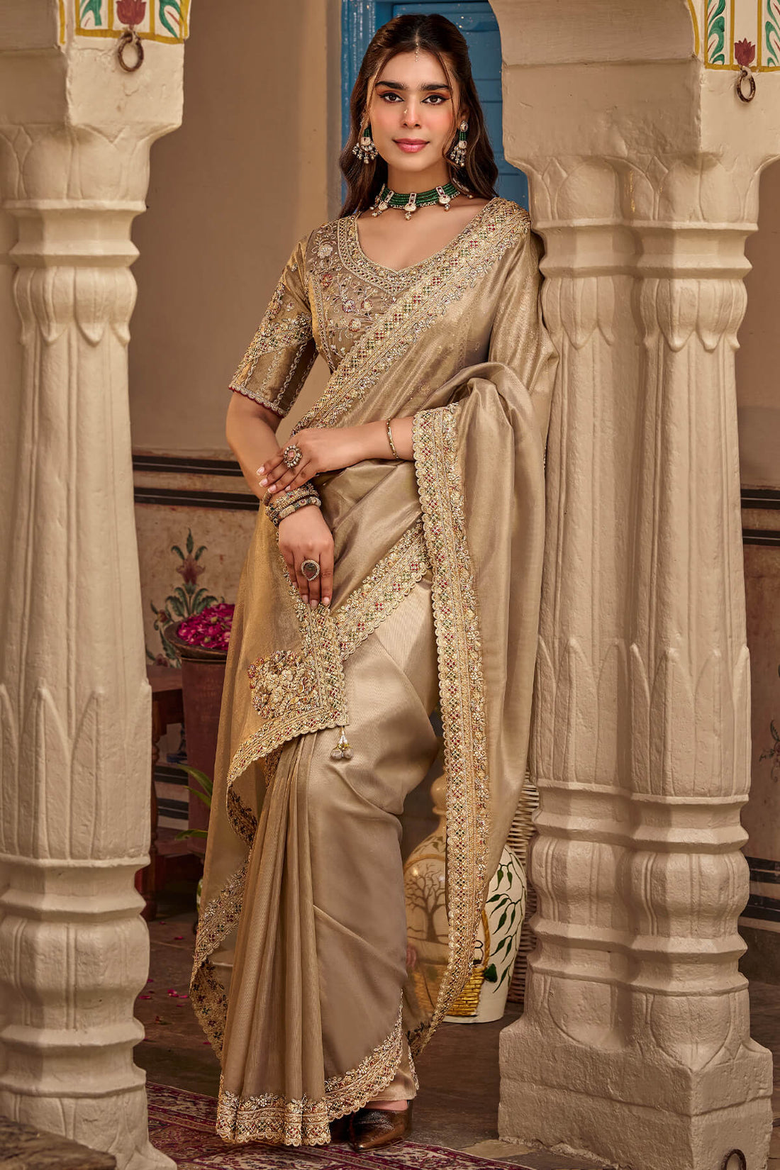Desuetude Grey Pure Viscose Hand Embroidery Work Saree With Stitched Blouse