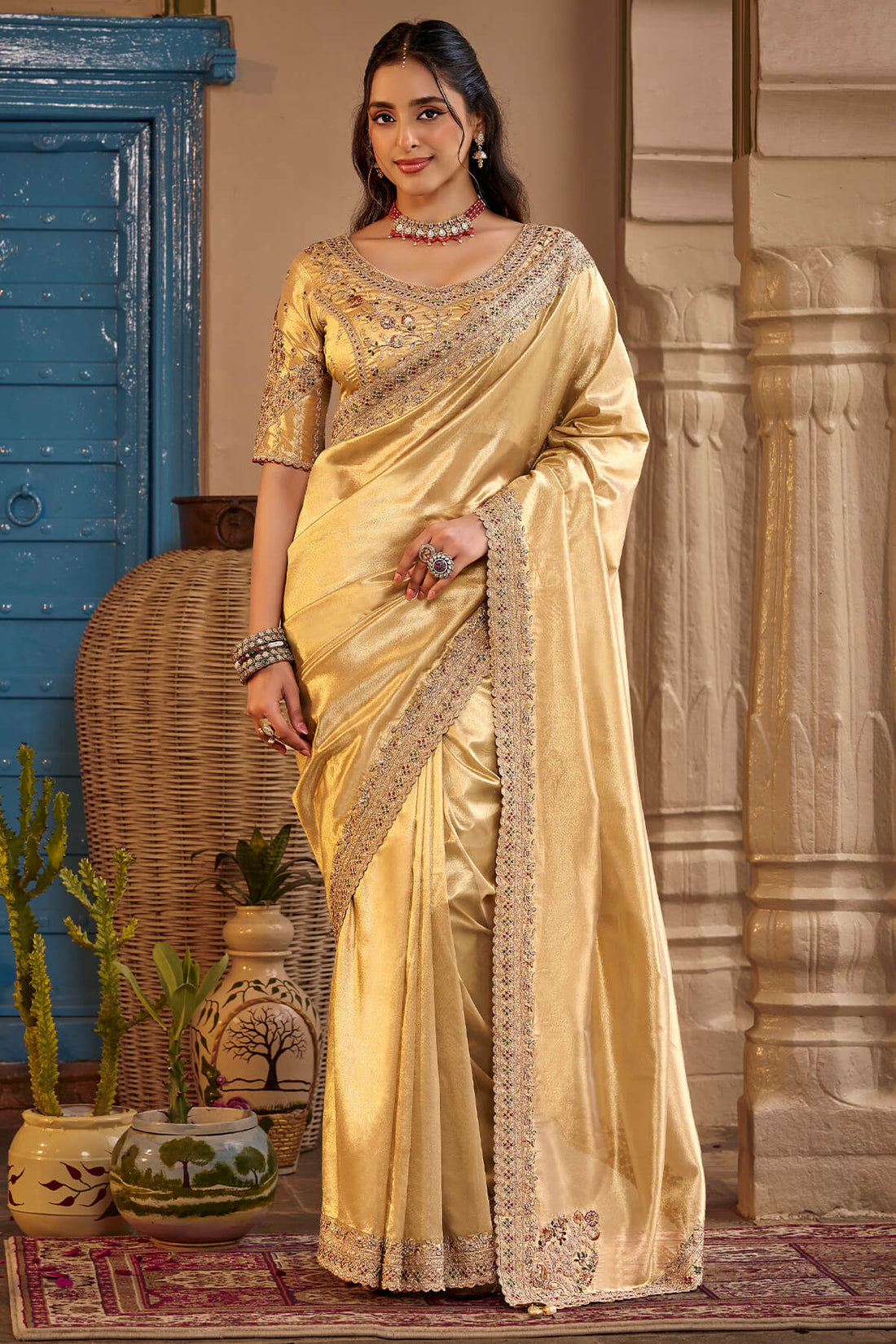 Prodigal Beige Pure Viscose Hand Embroidery Work Saree With Stitched Blouse