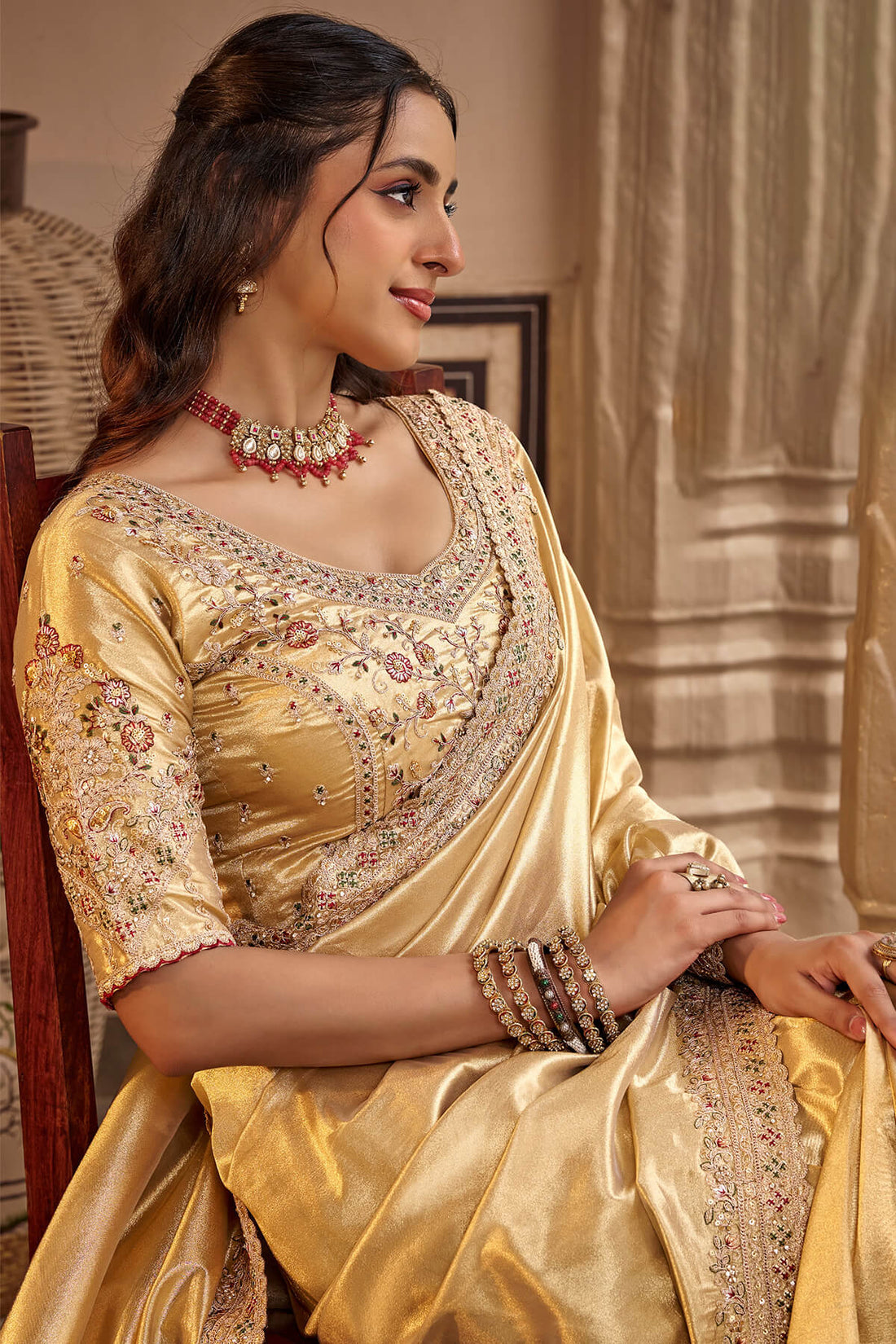 Prodigal Beige Pure Viscose Hand Embroidery Work Saree With Stitched Blouse