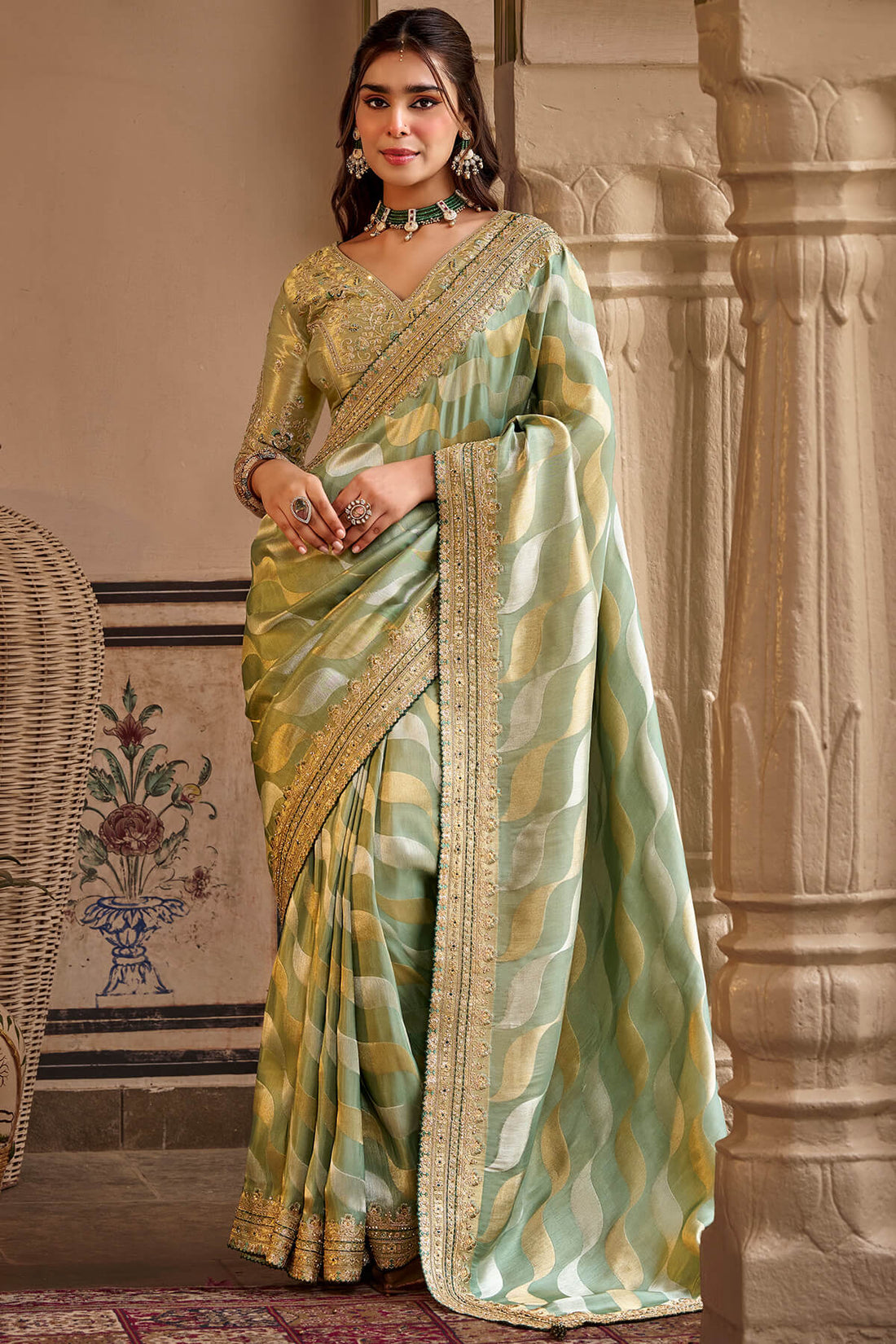 Staggering Green Pure Viscose Hand Embroidery Work Saree With Stitched Blouse
