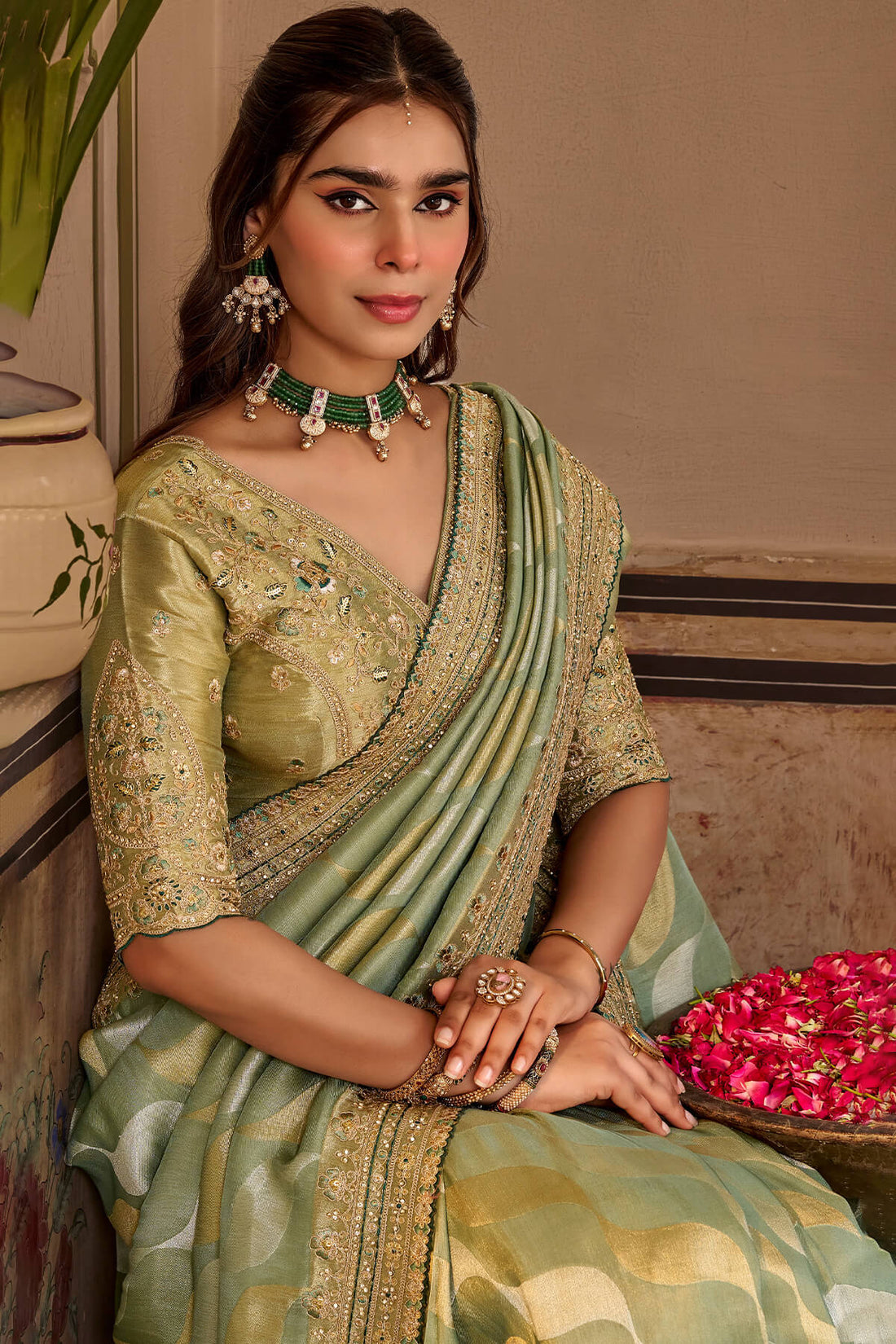 Staggering Green Pure Viscose Hand Embroidery Work Saree With Stitched Blouse