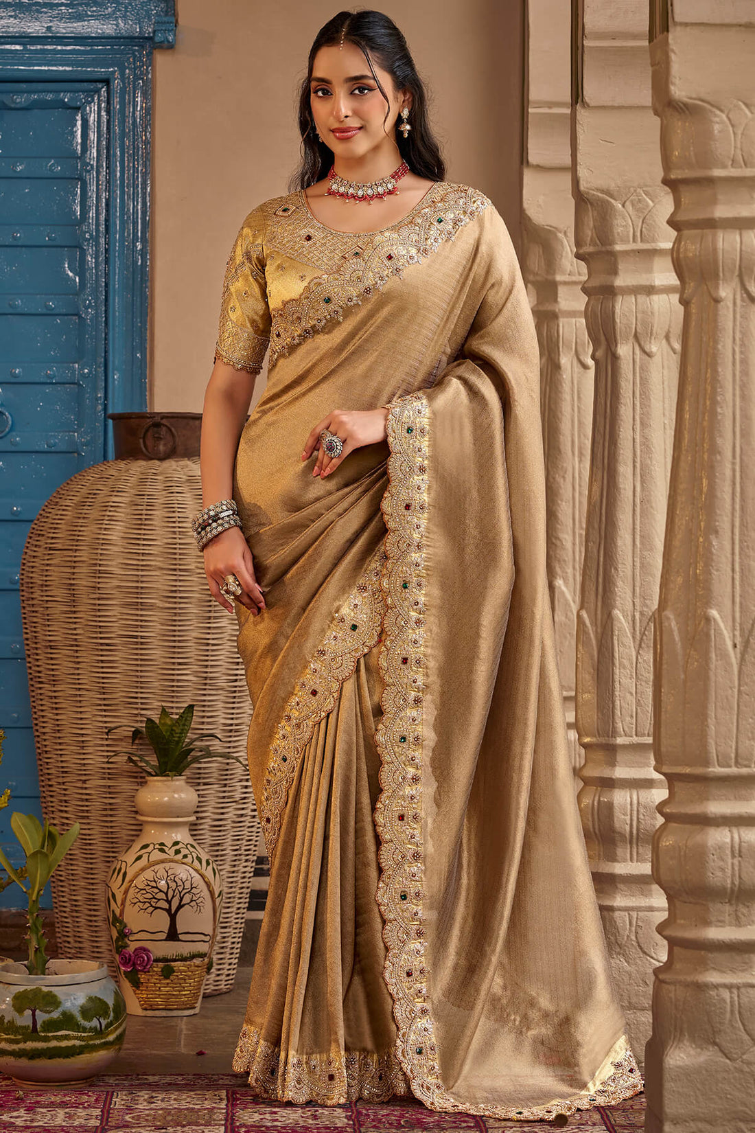 Ideal Brown Pure Viscose Hand Embroidery Work Saree With Stitched Blouse