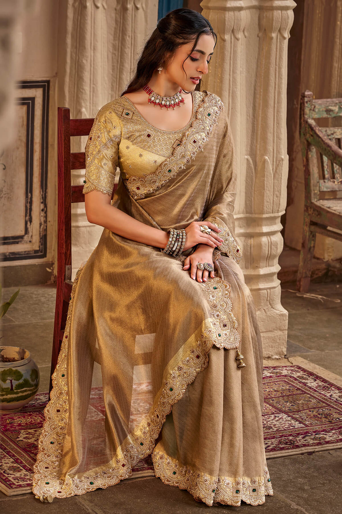 Ideal Brown Pure Viscose Hand Embroidery Work Saree With Stitched Blouse