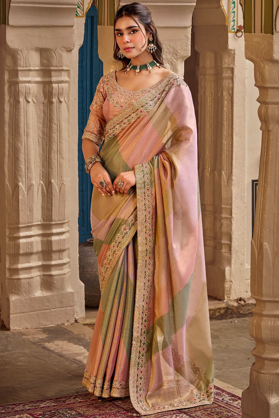 Rhapsody Pink Pure Viscose Hand Embroidery Work Saree With Stitched Blouse