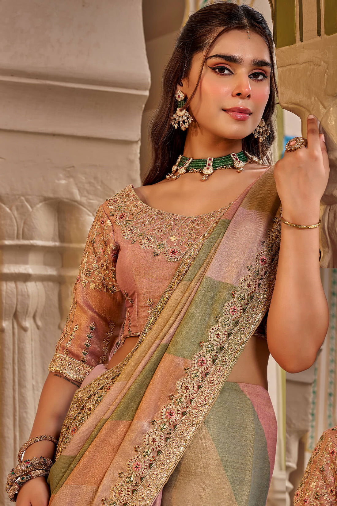 Rhapsody Pink Pure Viscose Hand Embroidery Work Saree With Stitched Blouse