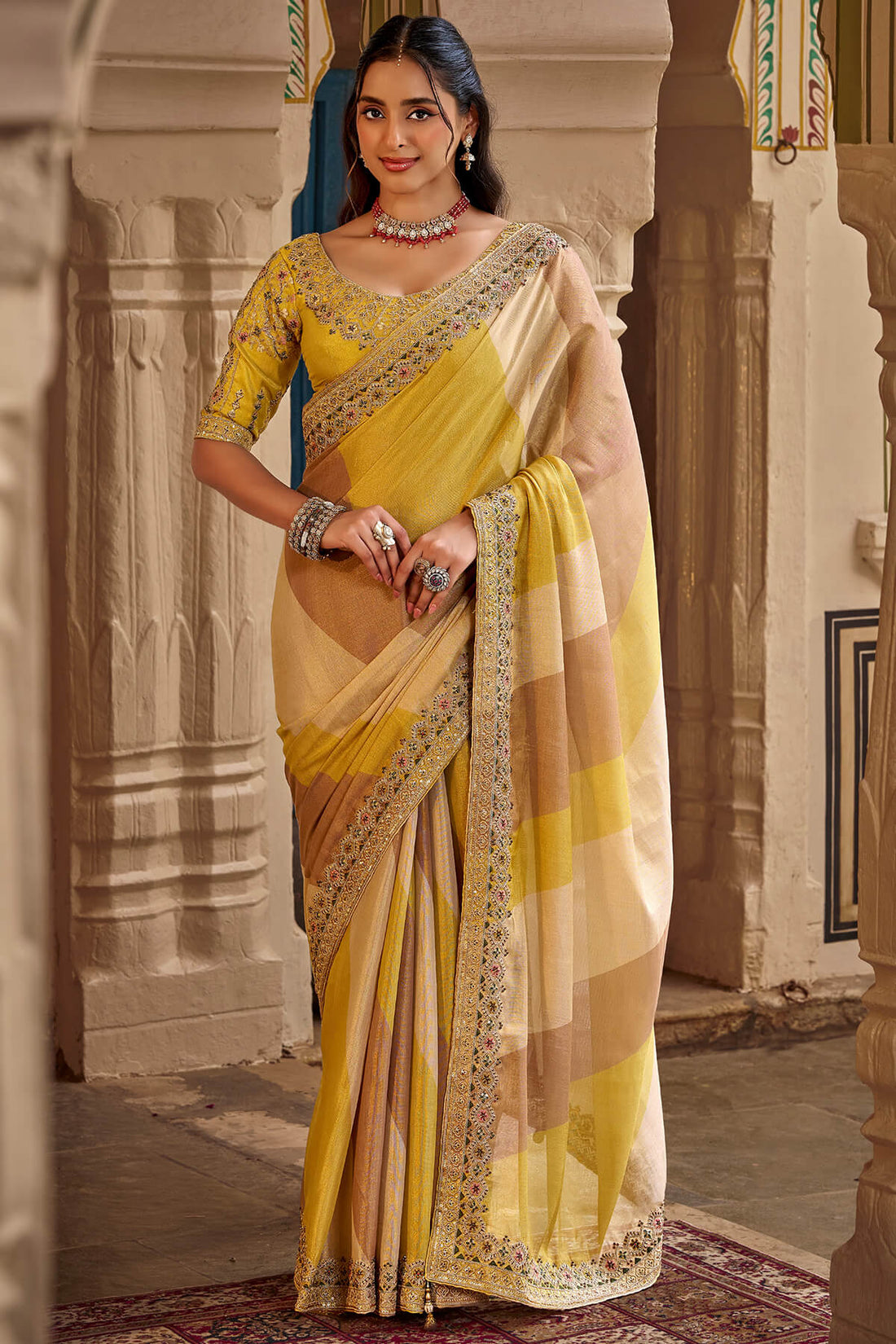 Capricious Yellow Pure Viscose Hand Embroidery Work Saree With Stitched Blouse