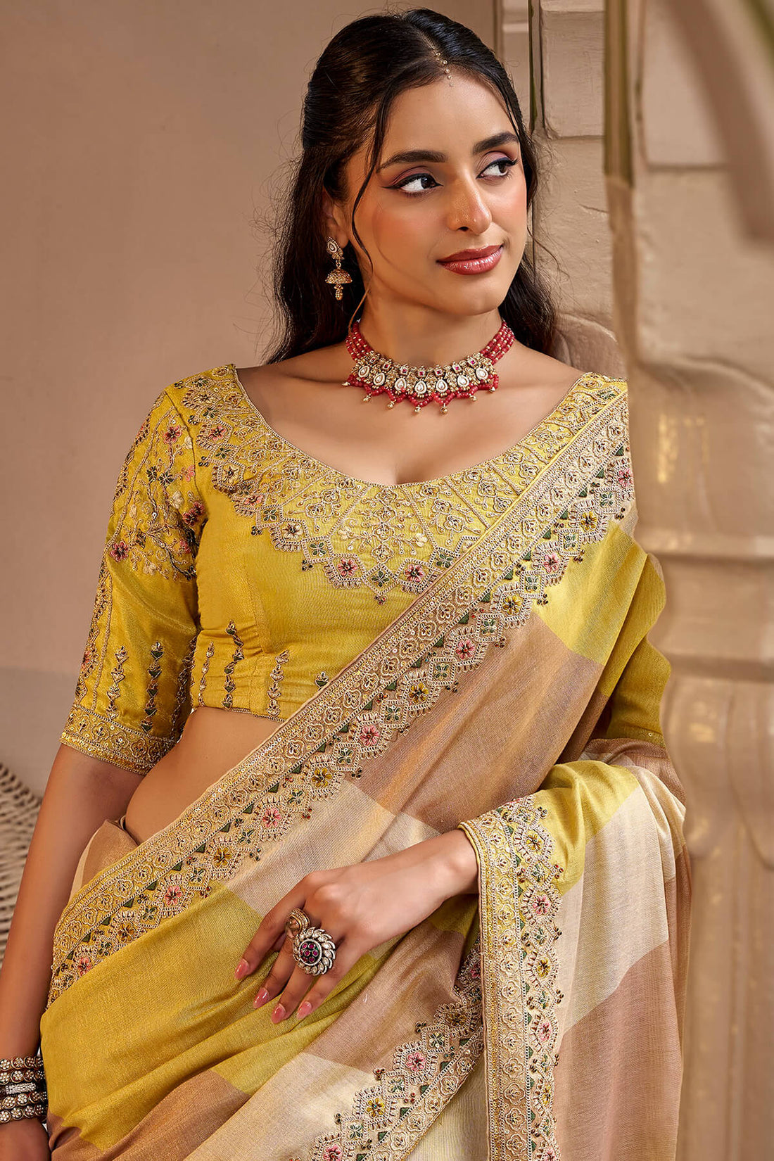Capricious Yellow Pure Viscose Hand Embroidery Work Saree With Stitched Blouse