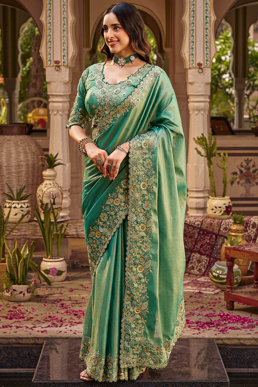Inimitable Green Pure Viscose Hand Embroidery Work Saree With Stitched Blouse