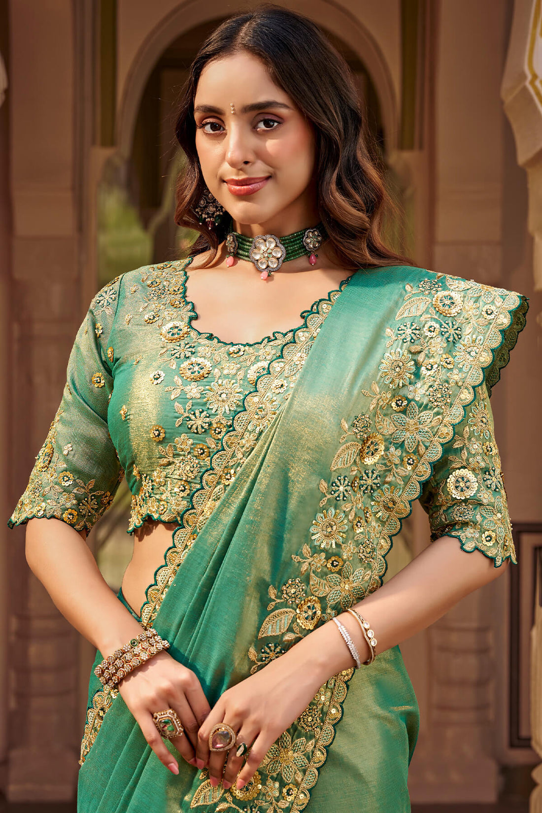 Inimitable Green Pure Viscose Hand Embroidery Work Saree With Stitched Blouse