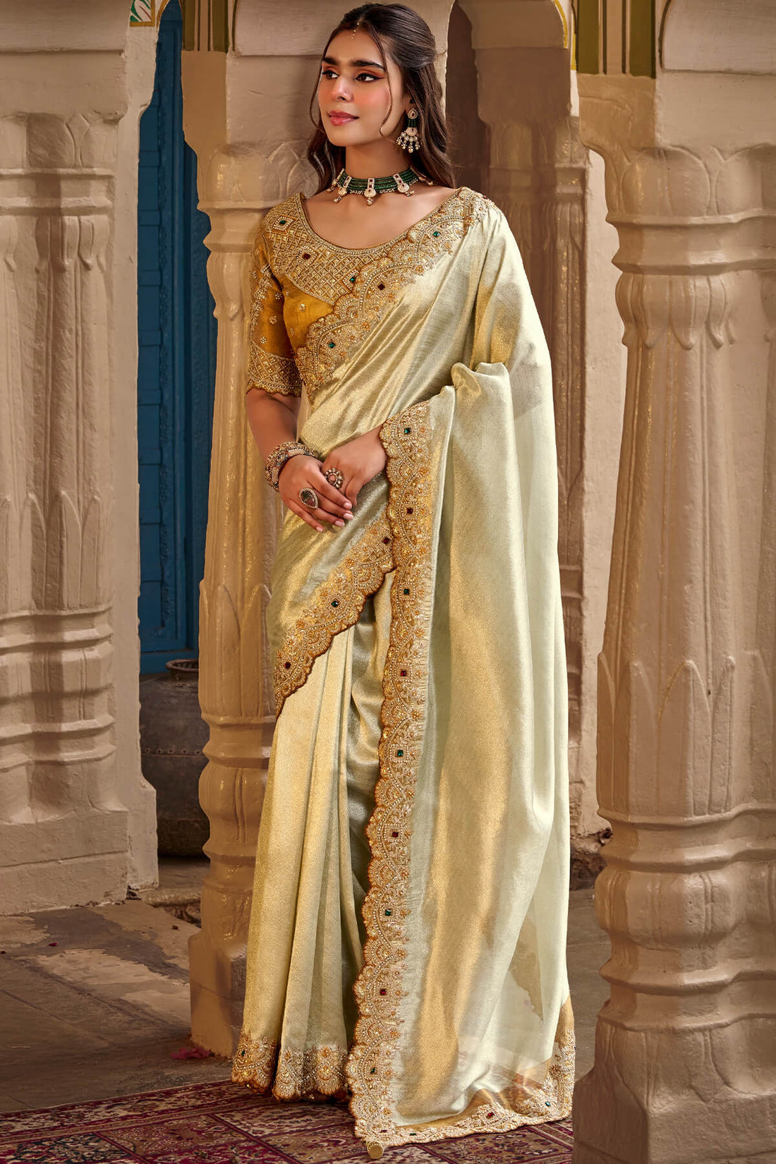 Alluring Pista Pure Viscose Hand Embroidery Work Saree With Stitched Blouse