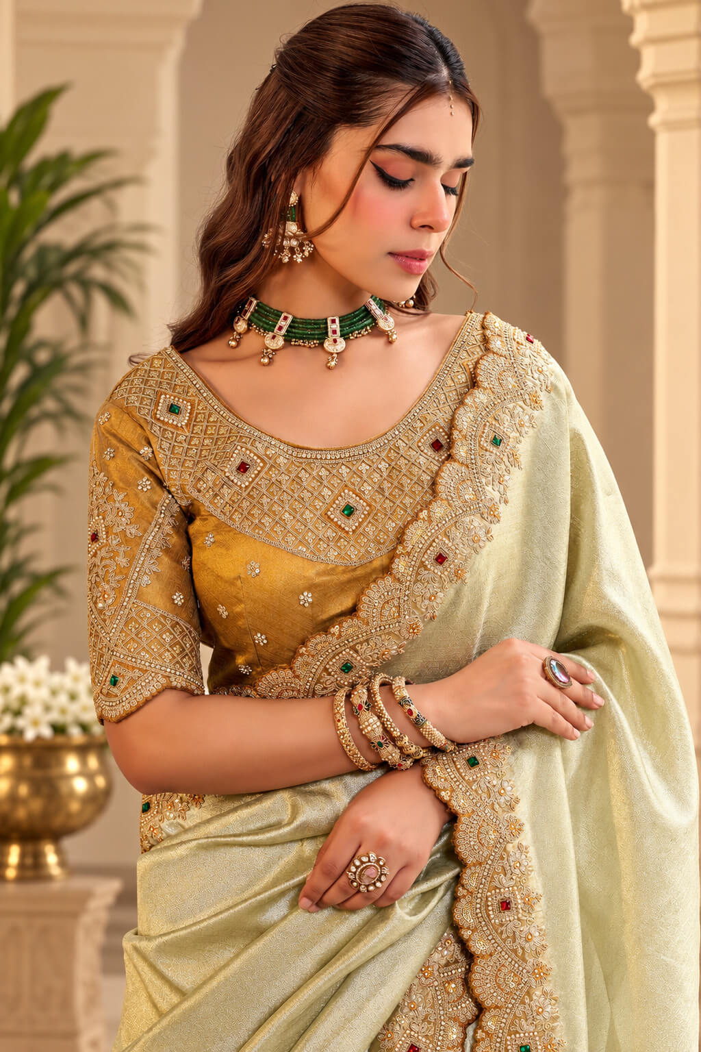 Alluring Pista Pure Viscose Hand Embroidery Work Saree With Stitched Blouse