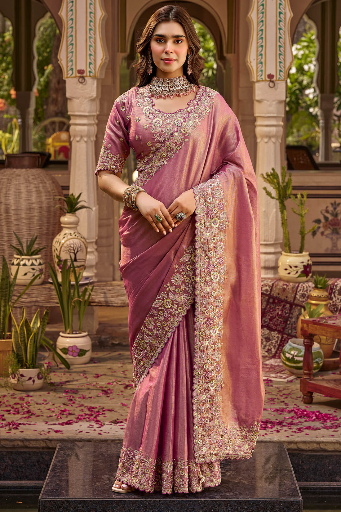 Elaborate Pink Pure Viscose Hand Embroidery Work Saree With Stitched Blouse
