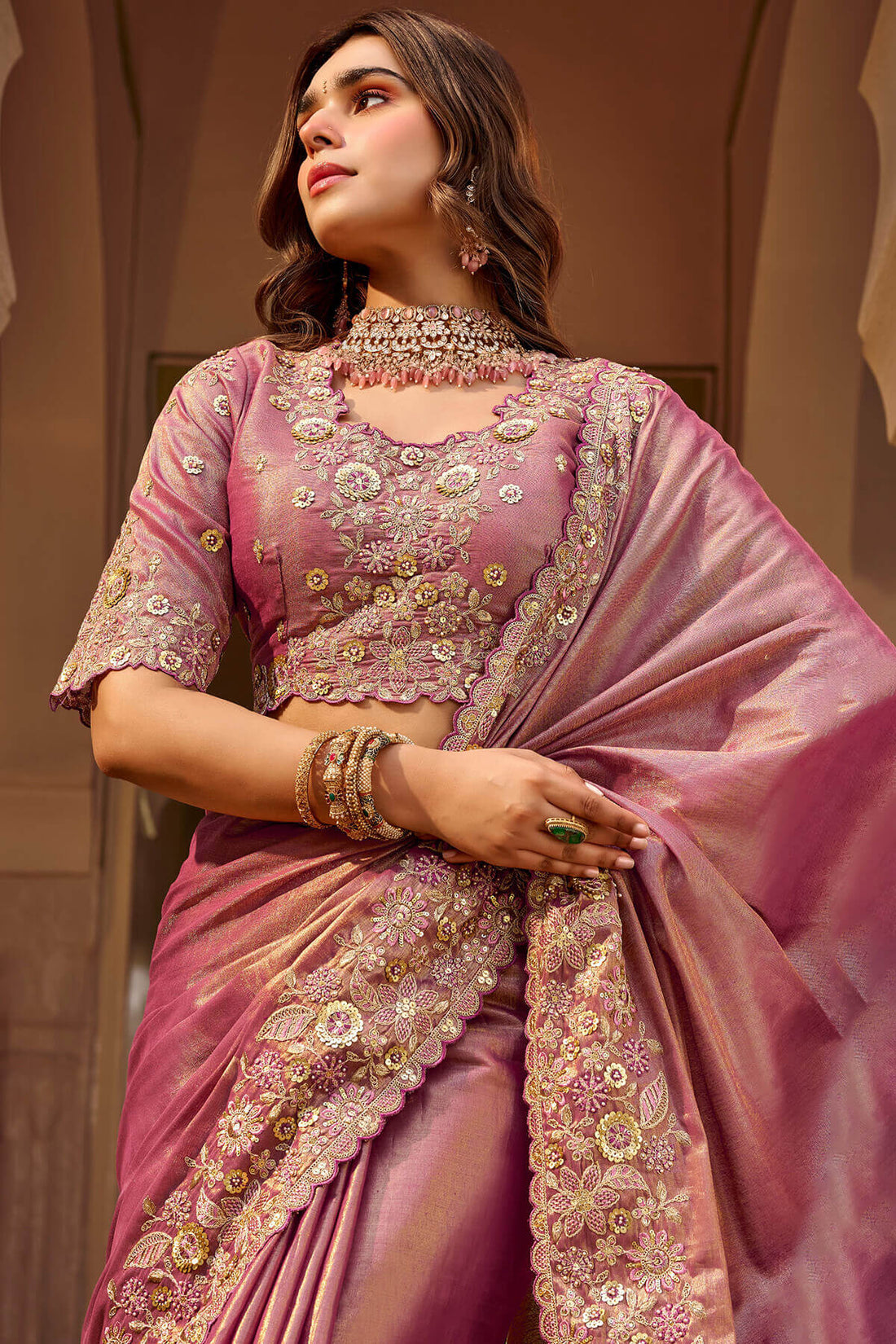 Elaborate Pink Pure Viscose Hand Embroidery Work Saree With Stitched Blouse