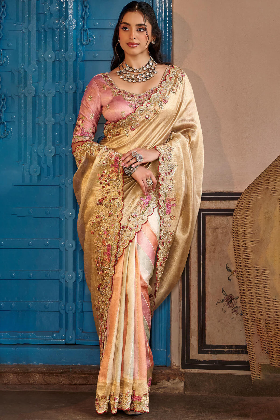 Evocative Beige Pure Viscose Hand Embroidery Work Saree With Stitched Blouse