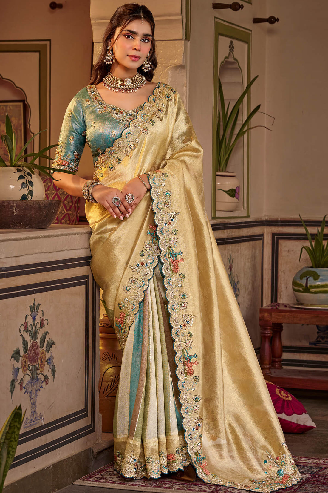 Ethnic Beige Pure Viscose Hand Embroidery Work Saree With Stitched Blouse