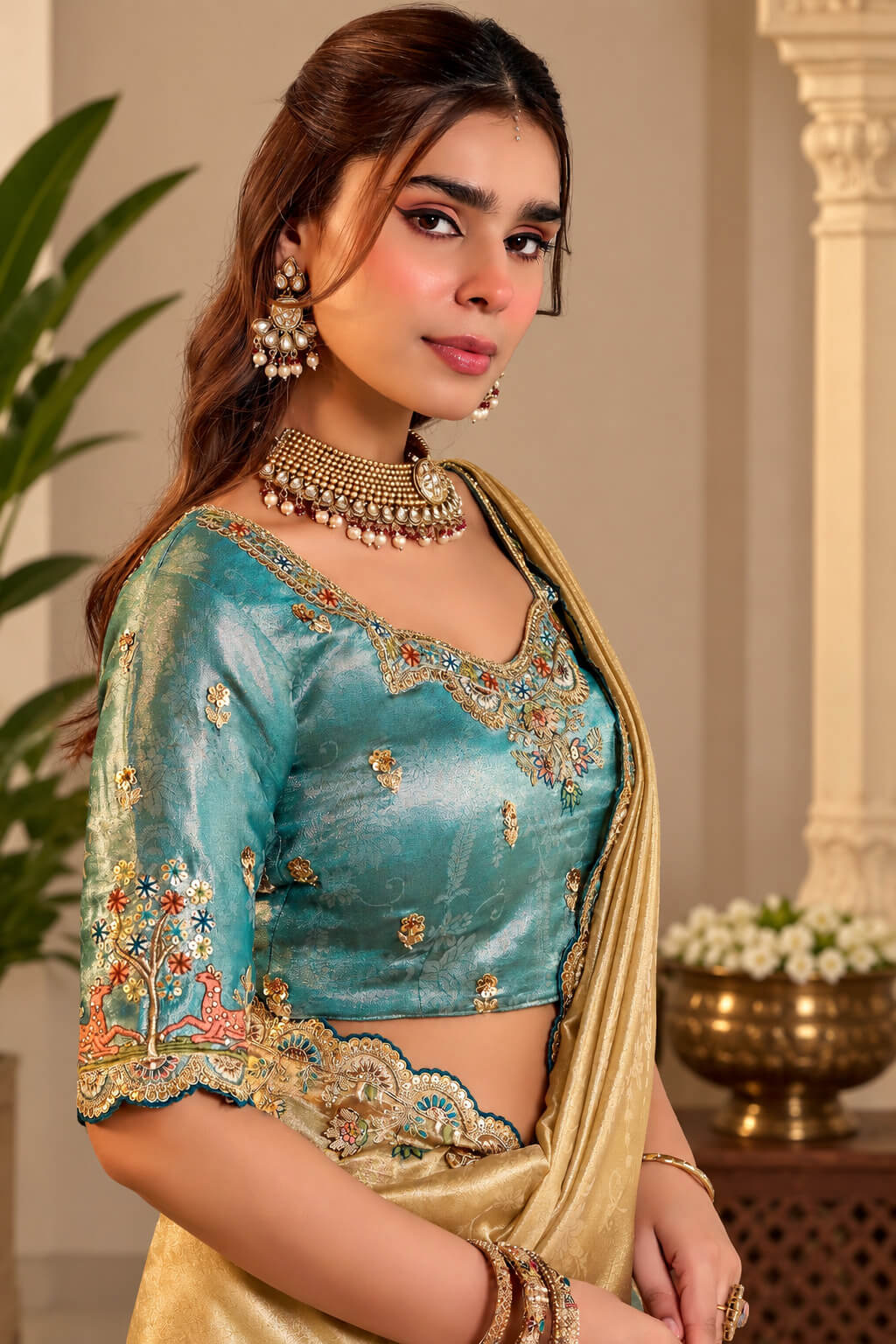 Ethnic Beige Pure Viscose Hand Embroidery Work Saree With Stitched Blouse