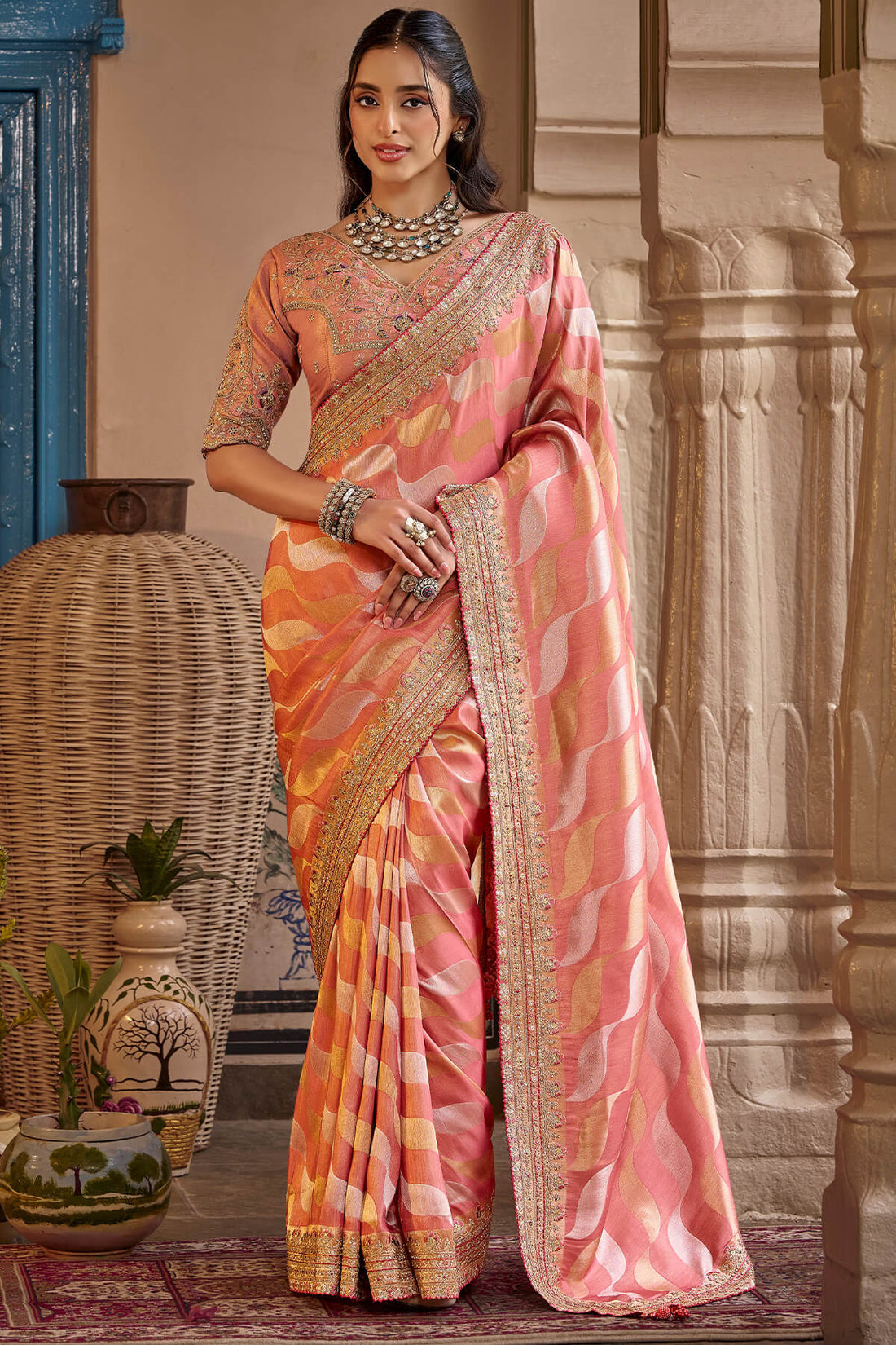 Outstanding Pink Pure Viscose Hand Embroidery Work Saree With Stitched Blouse