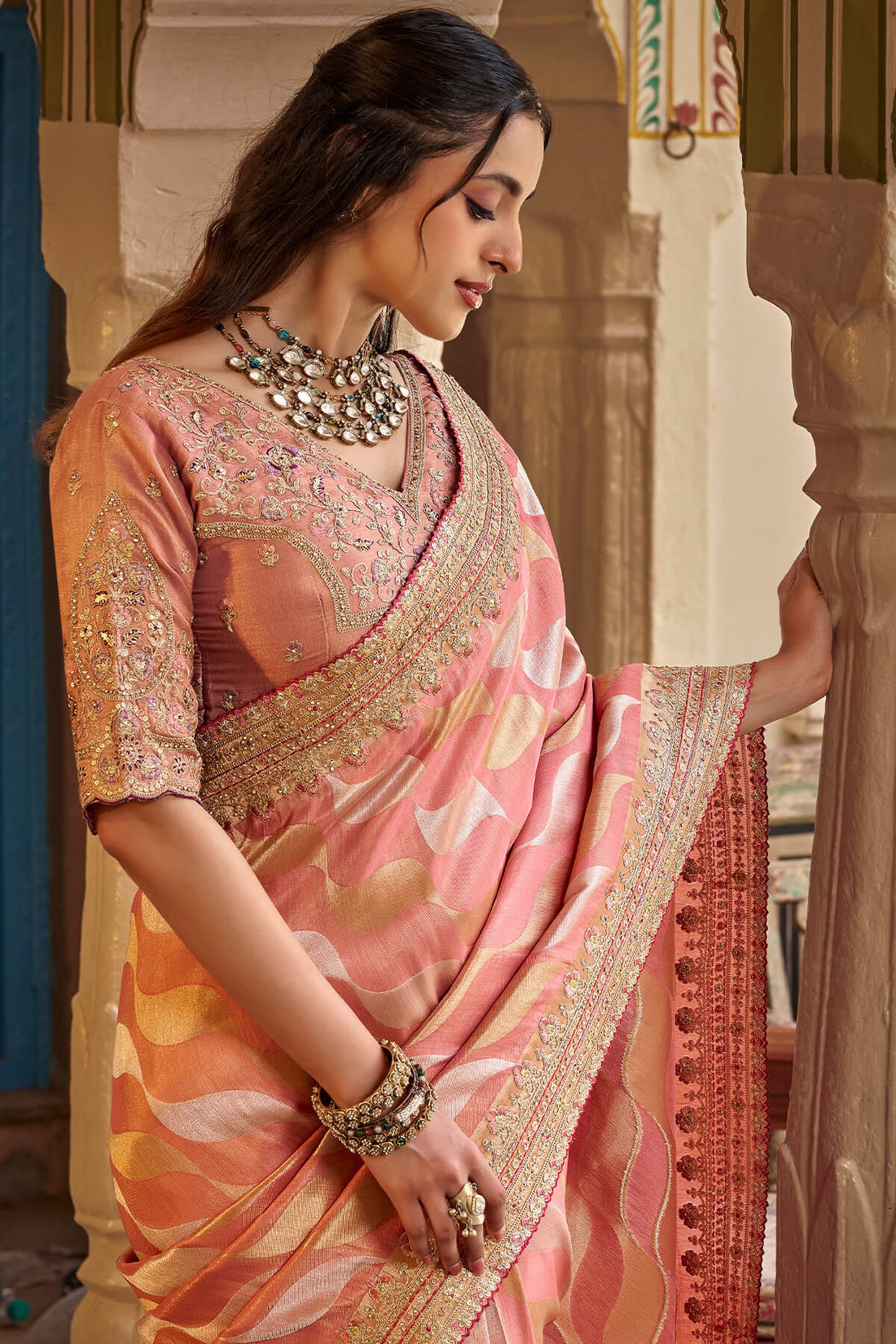 Outstanding Pink Pure Viscose Hand Embroidery Work Saree With Stitched Blouse