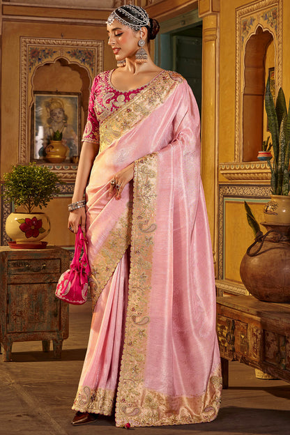 Gossamer Pink Pure Viscose Hand Embroidery Work Saree With Stitched Blouse