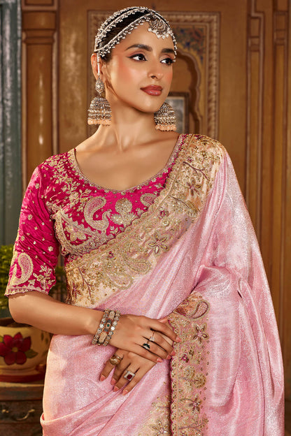 Gossamer Pink Pure Viscose Hand Embroidery Work Saree With Stitched Blouse