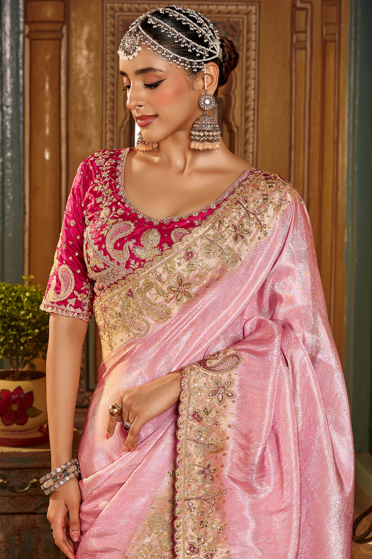 Gossamer Pink Pure Viscose Hand Embroidery Work Saree With Stitched Blouse