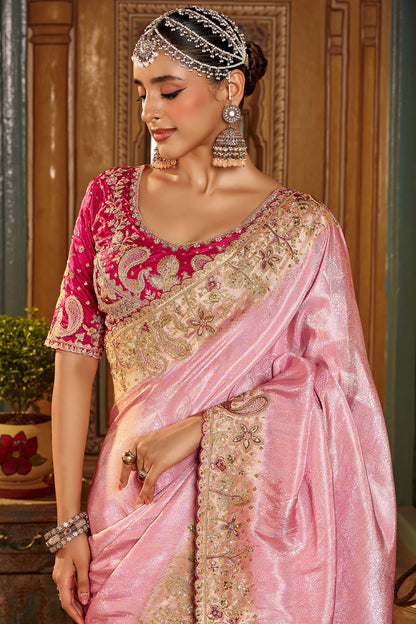 Gossamer Pink Pure Viscose Hand Embroidery Work Saree With Stitched Blouse