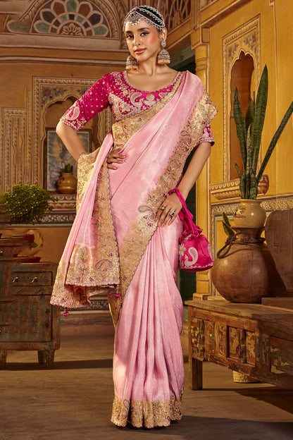 Gossamer Pink Pure Viscose Hand Embroidery Work Saree With Stitched Blouse