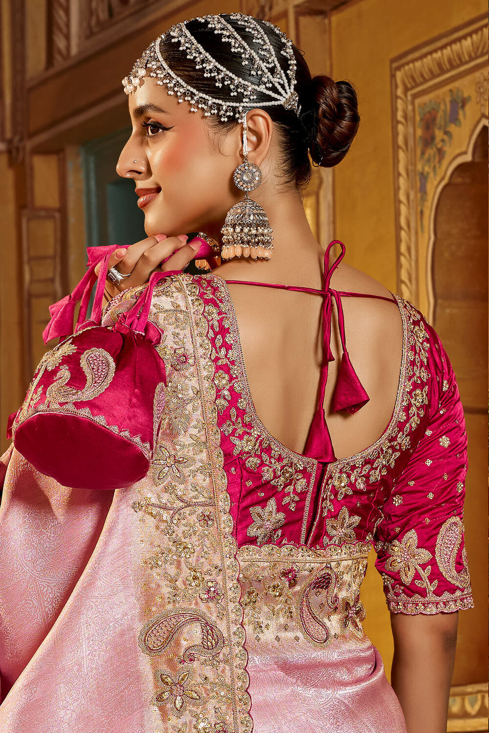 Gossamer Pink Pure Viscose Hand Embroidery Work Saree With Stitched Blouse